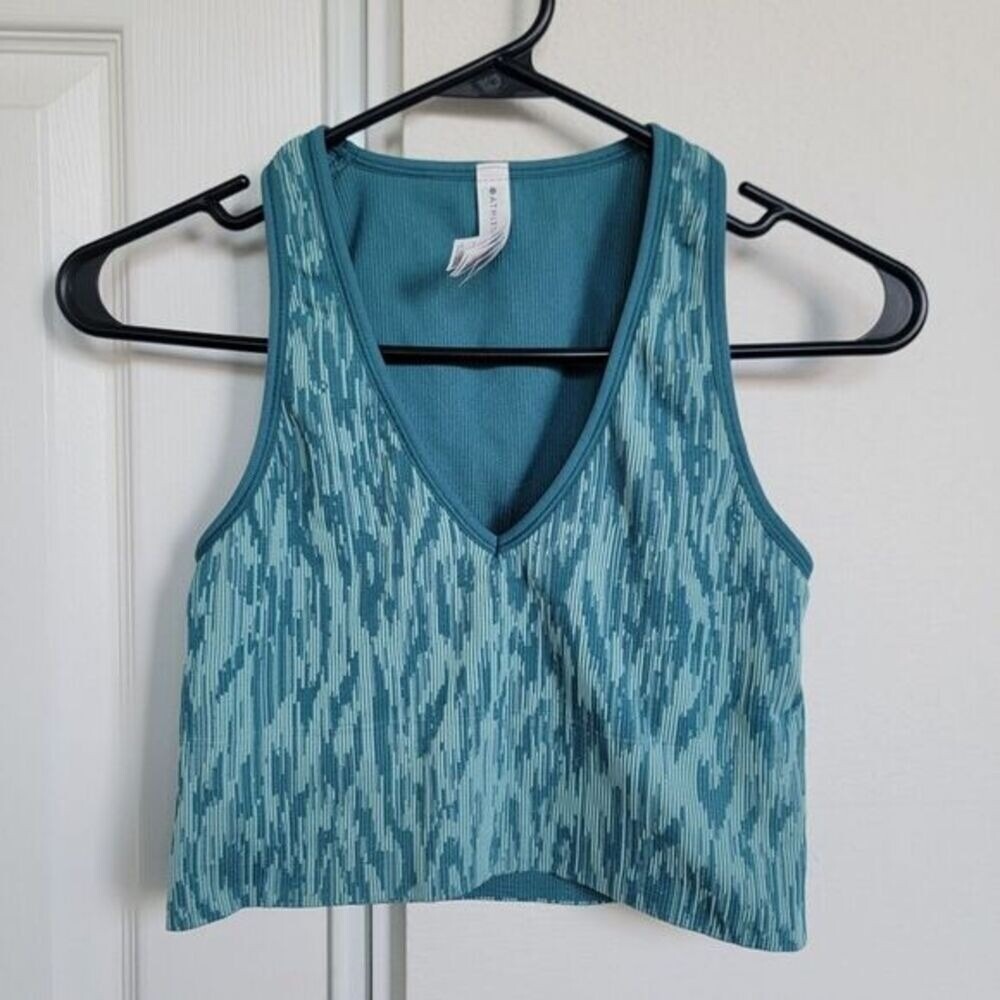 Athleta Aurora Seamless Crop Tank Top Teal Green Pattern V-Neck Womens Small